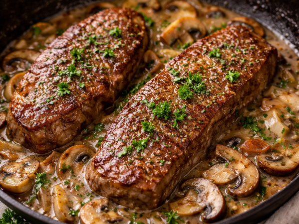 Rose Veal NY Sirloin with Parsley, Onion & Mushroom Sauce