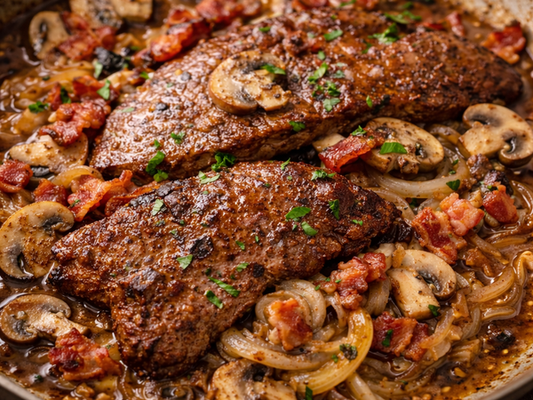 Rose Veal Calf’s Liver with Mushrooms, Bacon & Onions
