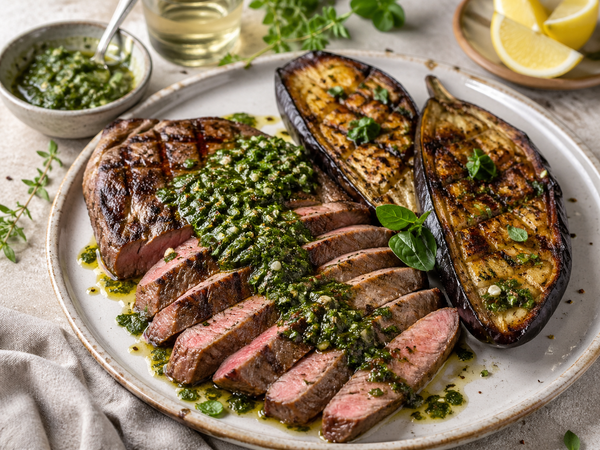Grilled Rose Veal NY Sirloin Steak with Baked Eggplant and Chimichurri Sauce
