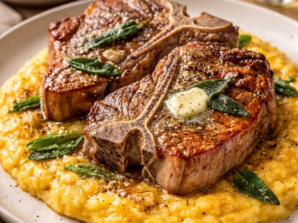 Rose Veal Porterhouse Loin Chops with Sage & Creamy Squash Polenta