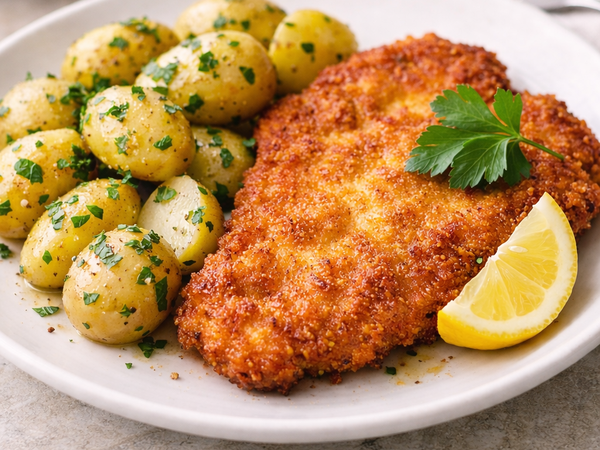 Rose Veal Schnitzel  with Buttered Parsley Potatoes