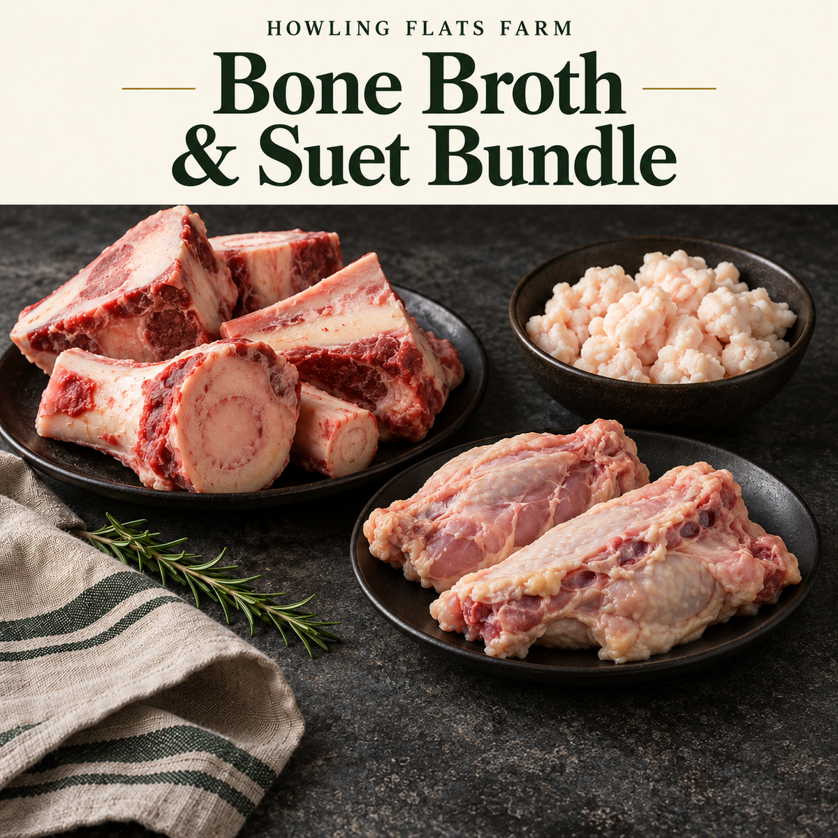 Illustrative product graphic for Howling Flats Farm’s Bone Broth & Suet Bundle, showing beef bones, unrendered suet, and chicken backs on dark plates.